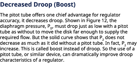﻿Decreased Droop (Boost) The pitot tube offers one chief advantage for regulator accuracy, it decreases droop. Shown...