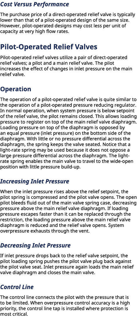 Cost Versus Performance The purchase price of a direct operated relief valve is typically lower than that of a pilot...