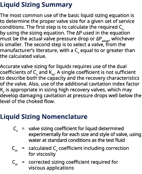 Liquid Sizing Summary The most common use of the basic liquid sizing equation is to determine the proper valve size f...