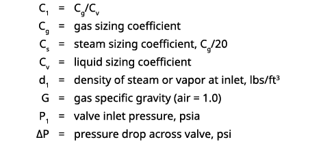  C1 = Cg/Cv Cg = gas sizing coefficient Cs = steam sizing coefficient, Cg/20 Cv = liquid sizing coefficient d1 = dens...
