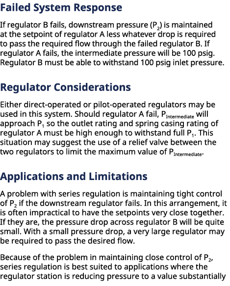Failed System Response If regulator B fails, downstream pressure (P2) is maintained at the setpoint of regulator A l...