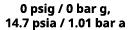 0 psig / 0 bar g, 14.7 psia / 1.01 bar a